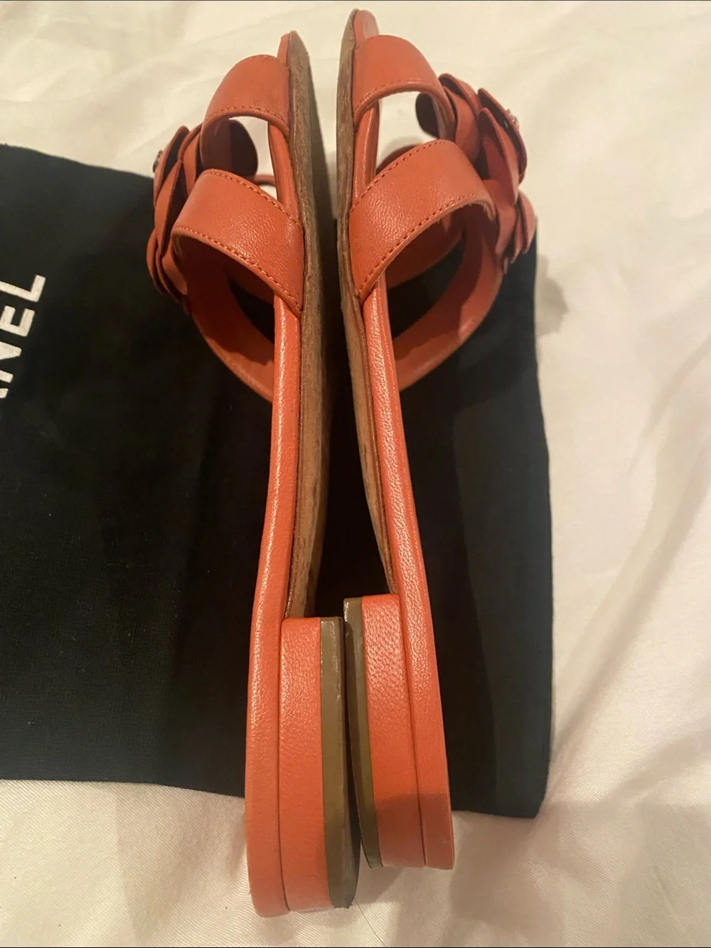 CHANEL Terracotta Camellia Leather Slide Sandals